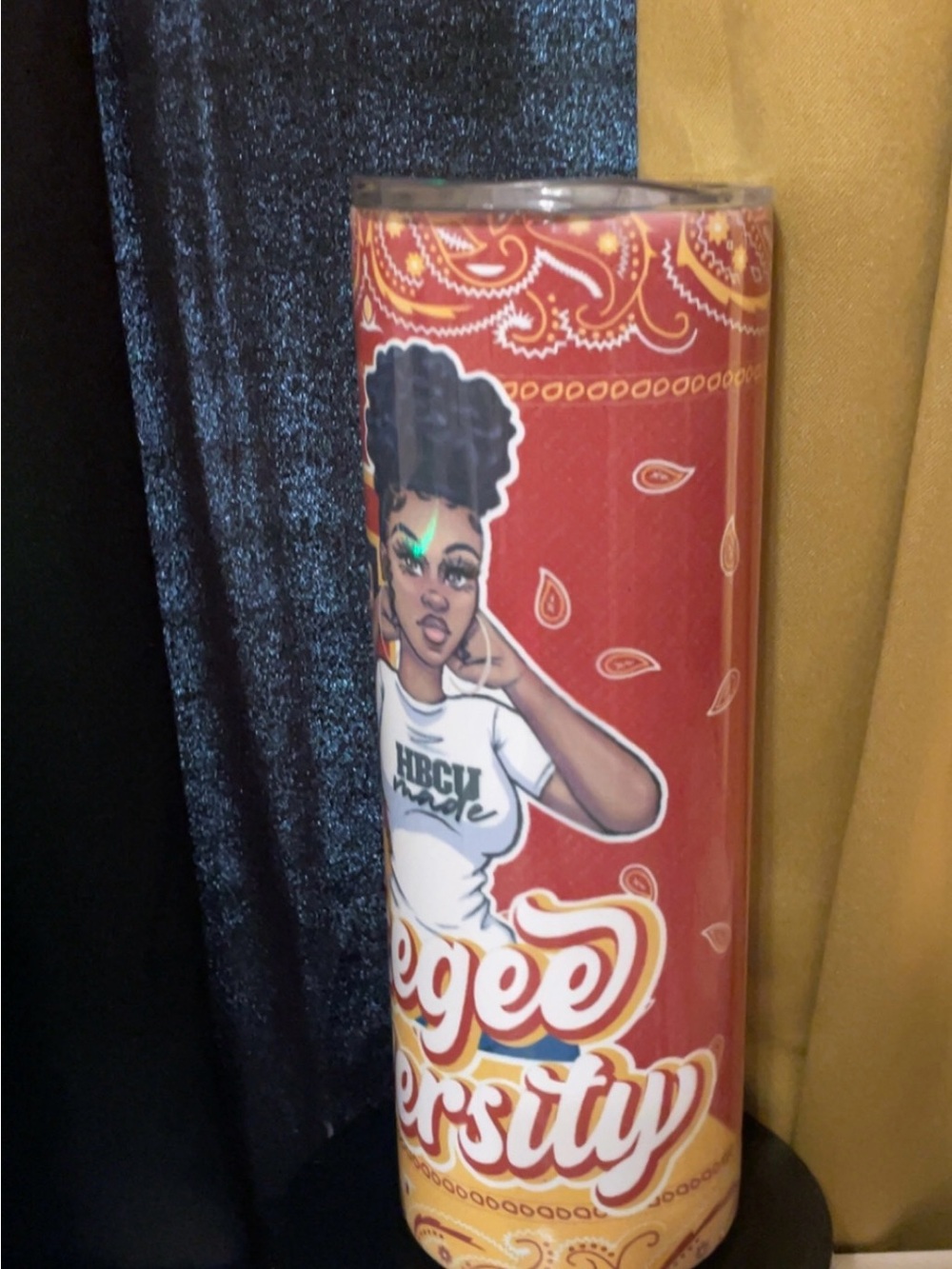 Red Paisley Graphic Tumbler with Afrocentric Illustration